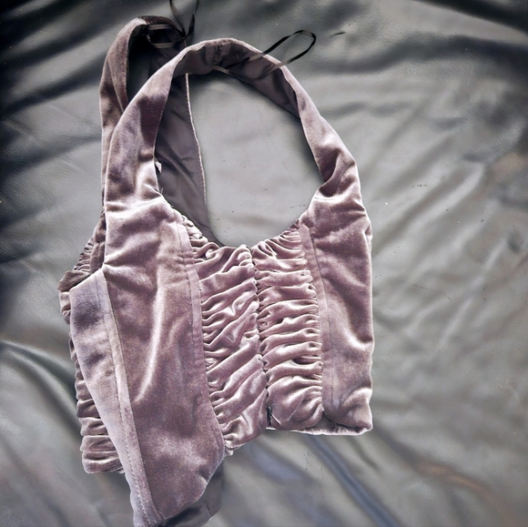 Zara Velour Velvet Metal Gray Stretchy Corset Ruched Crop Top Sz M - Picture 9 of 9